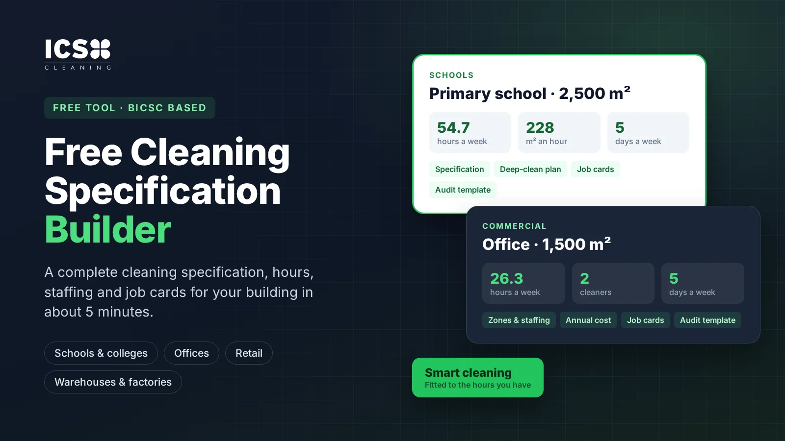 ICS Cleaning's free cleaning specification builder showing example cleaning hours for a primary school and an office
